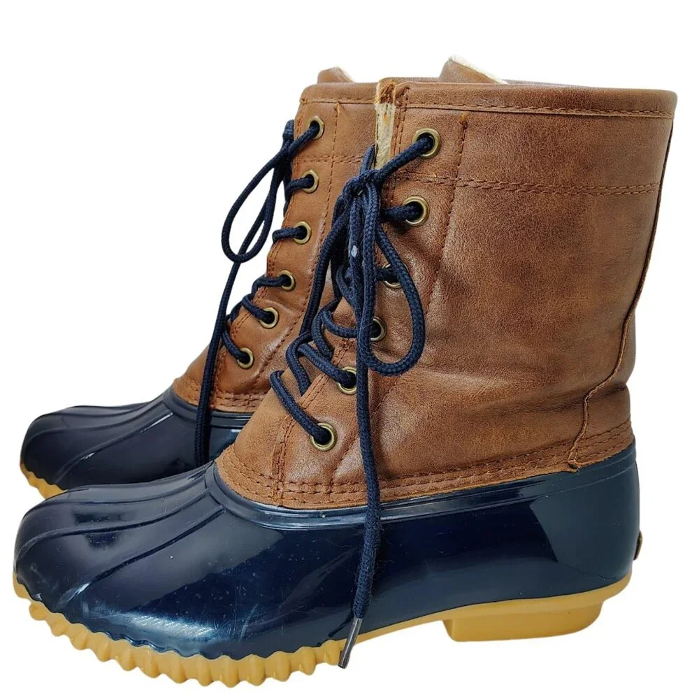 Sporto Dakota Duck Boots Brown Navy Faux Fur Lined Waterproof Size 6M - Picture 3 of 7